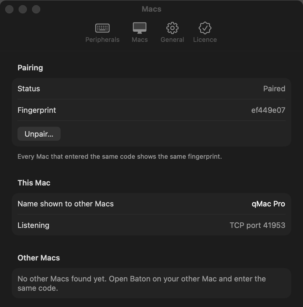 Baton's Macs settings, showing this Mac paired with a fingerprint and listening for others